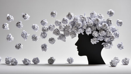 Silhouette of a human head surrounded by crumpled paper ballsの素材