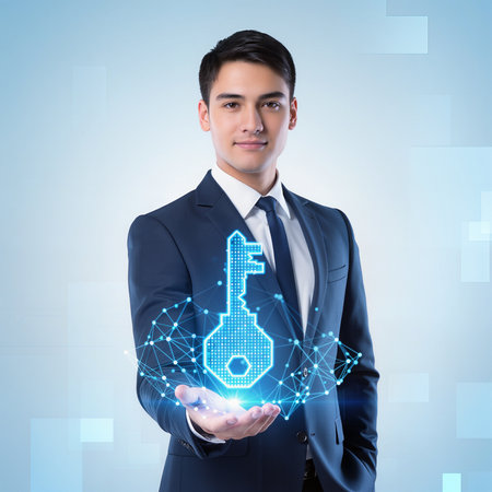 Portrait of young businessman holding digital key hologram over blue backgroundの素材