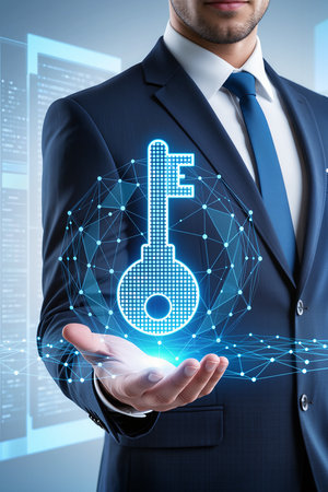 cropped image of businessman in suit holding digital key icon in handの素材