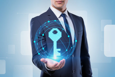 Unrecognizable businessman holding virtual key in hand. Security concept.の素材