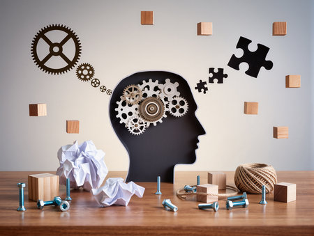 Human head with gears and cogwheels on wooden table. Artificial intelligence conceptの素材