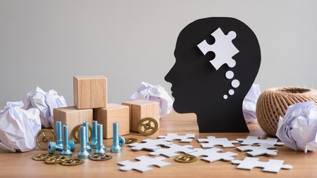 Black head with jigsaw puzzle pieces on wooden table and grey backgroundの素材