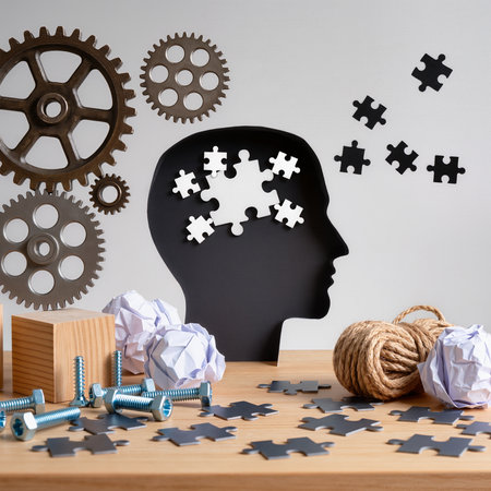 Human head with puzzle pieces, gears and balls of thread on wooden tableの素材