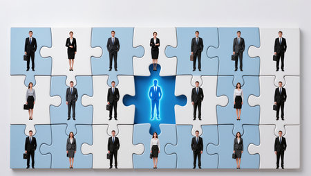 Teamwork concept with business people assembling jigsaw puzzle on white backgroundの素材