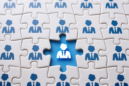 Missing piece of puzzle with business people icon. Business concept image.の素材