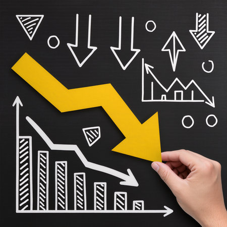 hand holding a yellow arrow pointing to a blackboard with business chartの素材