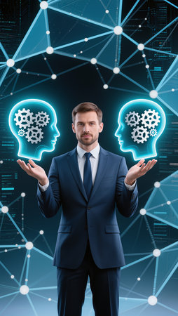 businessman in suit and tie looking at digital brain interface with gearsの素材