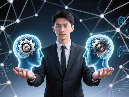 Portrait of a young businessman in a suit and tie holding a human head with gears inside. The concept of brainstorming.の素材