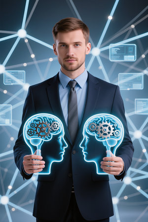 businessman in suit holding head with brain and gears, digital interfaceの素材