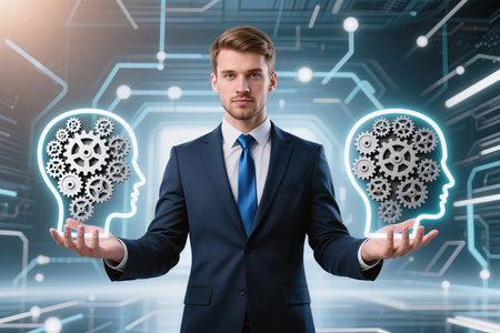 businessman in suit holding head and brain with cogwheels in handsの素材