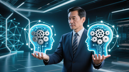 Portrait of a confident asian businessman in suit and tie standing with his hands outstretched and looking at a hologram of a human head with gears inside. Technology conceptの素材