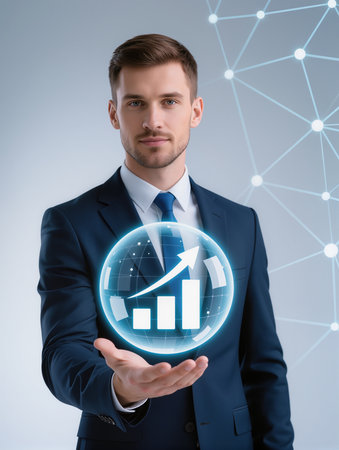 businessman in suit holding digital graph with social media icons in handの素材