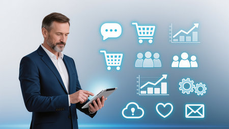 Businessman using digital tablet with social media icons on background. Online shopping conceptの素材