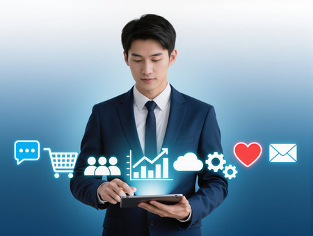 Businessman using tablet computer with social media icons on blue background.の素材