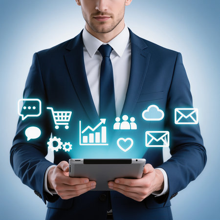 cropped image of businessman in suit holding tablet with social media iconsの素材