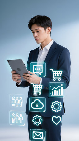 young asian businessman using digital tablet with social media icon on blue backgroundの素材