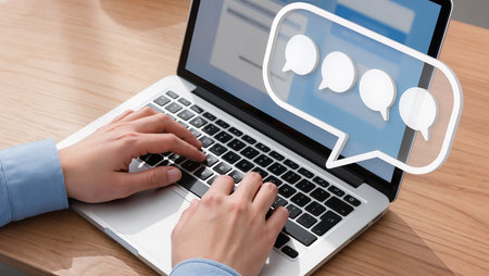 business, people, communication and technology concept - close up of woman working with laptop computer and speech bubblesの素材