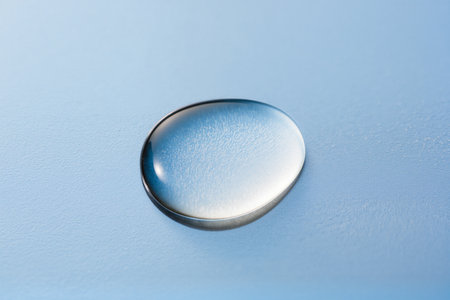 Close-up of a drop of water on a blue background.の素材