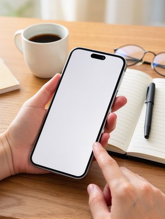 Woman hand holding iPhone X with blank screen. iPhone was created and developed by the Apple inc.の素材