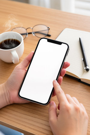 Mockup image of a woman's hand holding smart phone with blank screen and coffee cup on wooden tableの素材