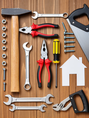 Set of tools on a wooden background. Top view with copy spaceの素材