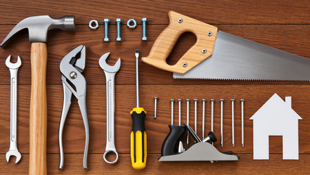 Set of tools on a wooden background. The concept of repair and construction.の素材