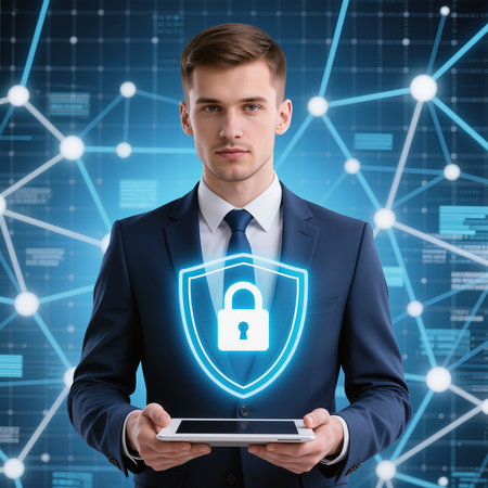 businessman holding tablet pc with padlock and shield on blue backgroundの素材