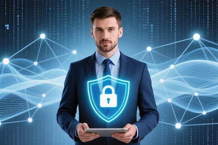 businessman with tablet pc and padlock on digital background, cyber security conceptの素材