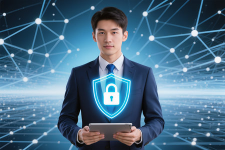 Handsome asian businessman holding tablet with padlock icon on virtual screenの素材