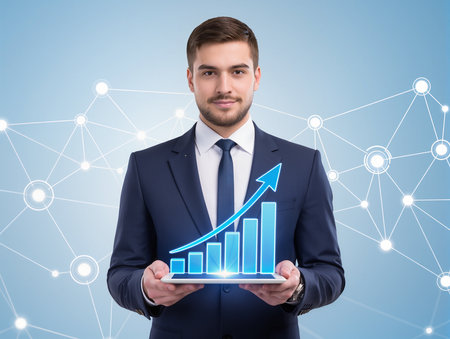 Handsome young businessman in suit and tie holding tablet with hologram of growing graph. Blue background. Concept of success.の素材