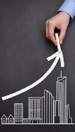 Close-up of a hand drawing a graph on a blackboardの素材