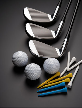 Golf club and golf balls on black background. Golf equipment.の素材