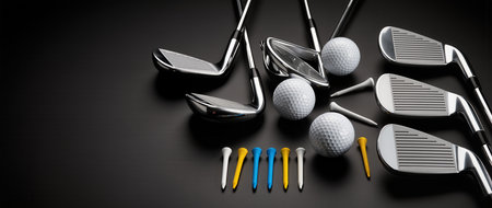 Golf club and golf balls on black background. 3d illustrationの素材