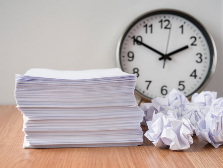 Stack of paper and clock on wood table. Time management concept.の素材