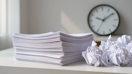 Stack of paper documents on office desk with clock in the background.の素材