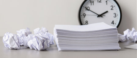 Closeup of pile of paper on office desk with clock in backgroundの素材