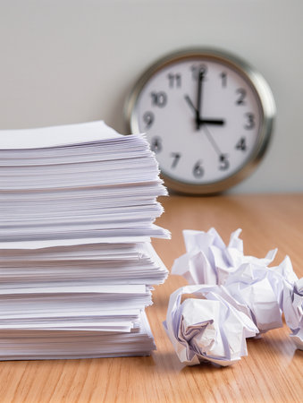 A stack of paper and a clock on a desk. Time management conceptの素材
