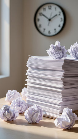 Pile of papers on the table with clock in the background.の素材