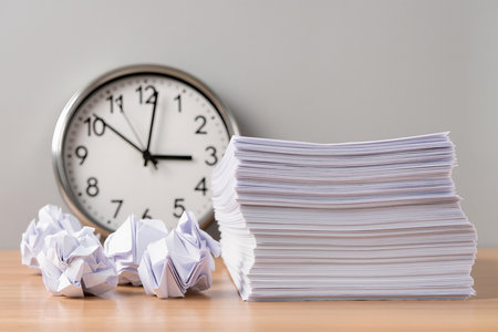 Stack of paper and clock on wood table and blur background with copy space.の素材