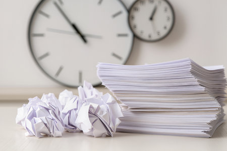 Close-up of pile of paper documents with clock in the backgroundの素材