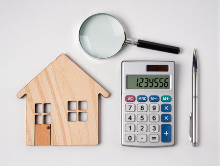 House model, calculator, magnifying glass and pen on white backgroundの素材