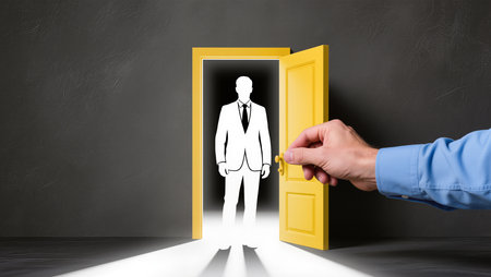 Close up of businessman hand opening yellow door with silhouette of businessman figureの素材