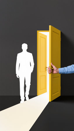 Businessman standing in front of a door with a silhouette of a manの素材