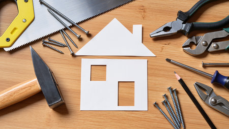 Home improvement and renovation concept. House model, tools on wooden backgroundの素材