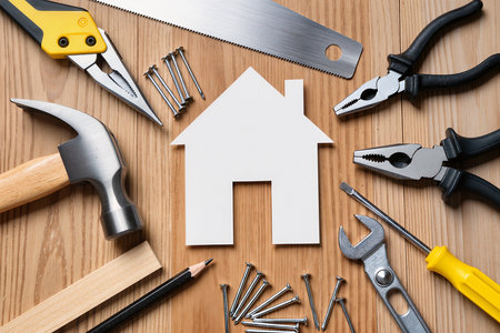 House shape with construction tools on a wooden background. Top view.の素材