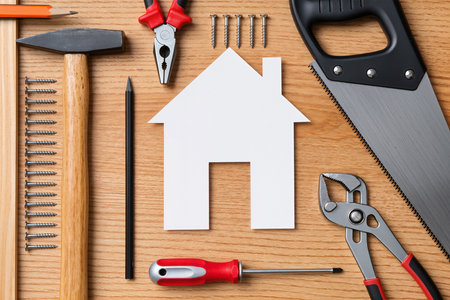 House shape cut out of paper and construction tools on a wooden backgroundの素材