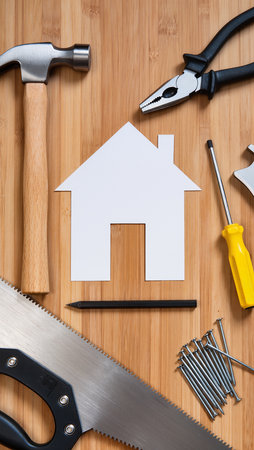 Home planning and preparing. House shaped paper cutout and tools on wood lumberの素材