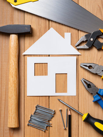 Home planning and preparing. House shaped paper cutout and tools on wood lumberの素材