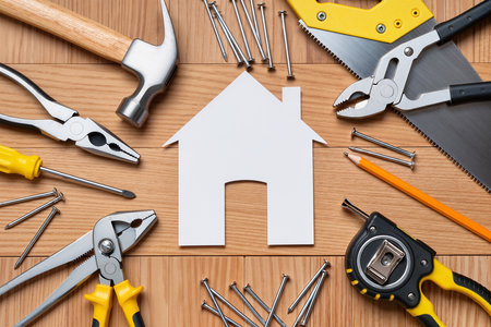 Home planning and preparing. House shaped paper cutout and tools on wood lumberの素材