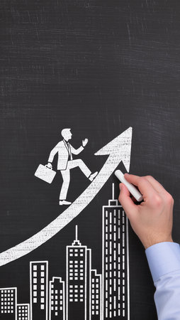 Businessman drawing a graph on a blackboard with a white chalkの素材